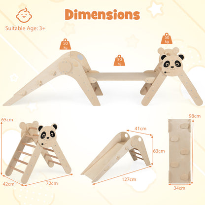 The climbing set showing dimensions and weight limits for the wooden structure