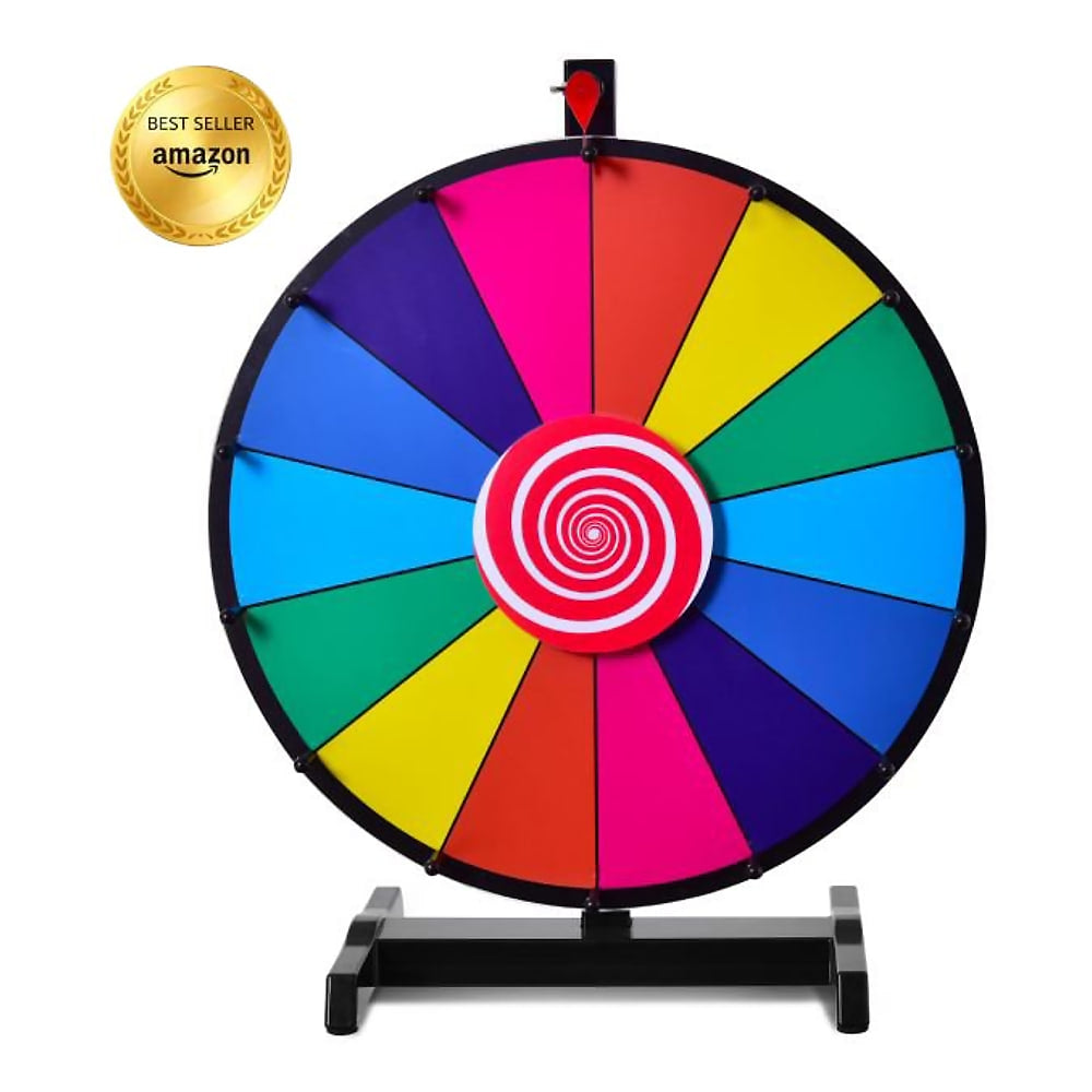 the tabletop spinning prize wheel featuring a vibrant multi-coloured circular board