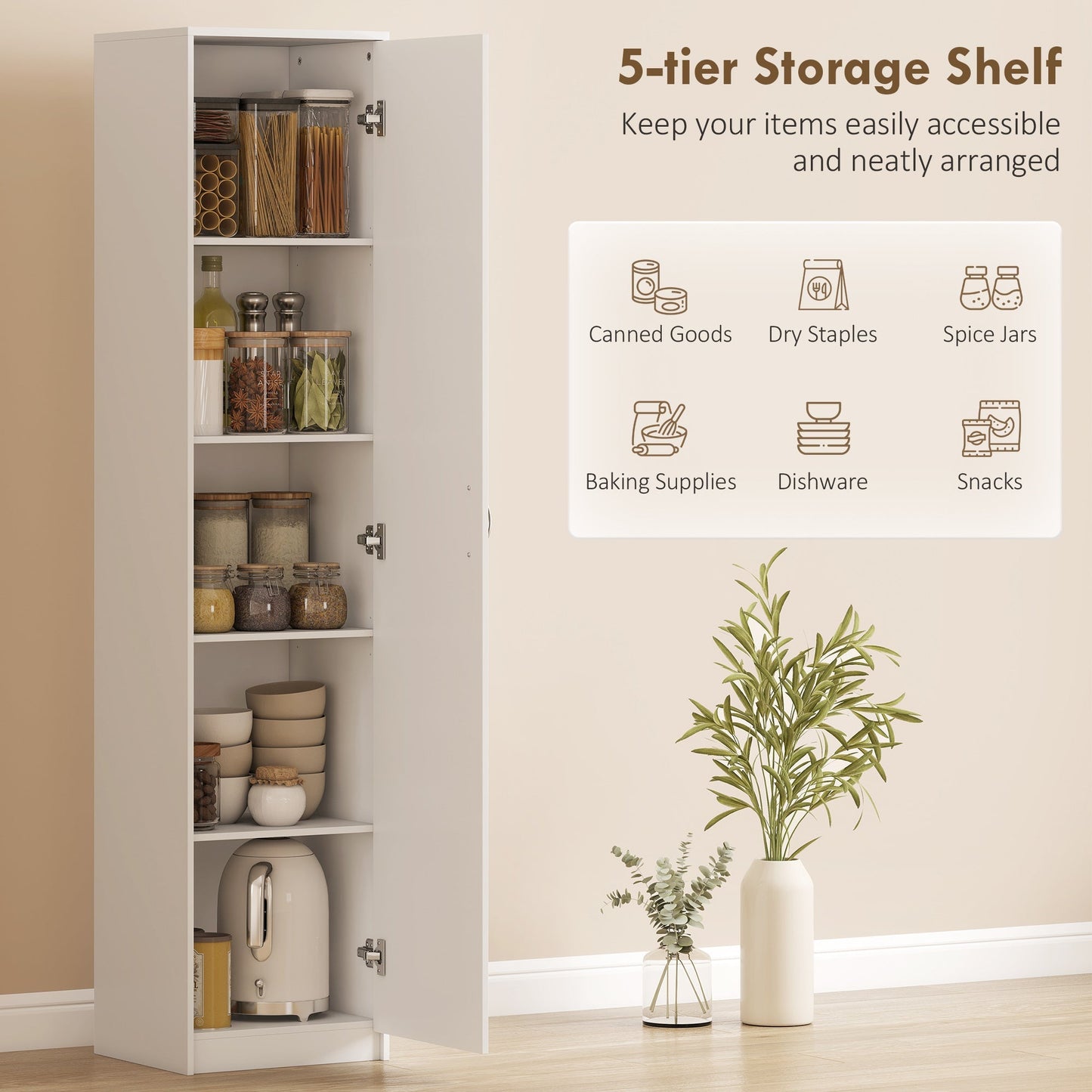 HOMCOM 180cm Tall Kitchen Cupboard, Freestanding 5-Tier Pantry Storage Cabinet with Adjustable Shelf, White