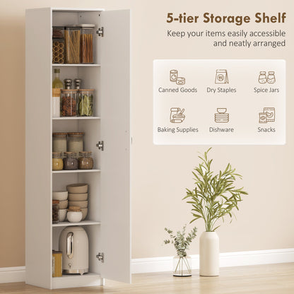 HOMCOM 180cm Tall Kitchen Cupboard, Freestanding 5-Tier Pantry Storage Cabinet with Adjustable Shelf, White