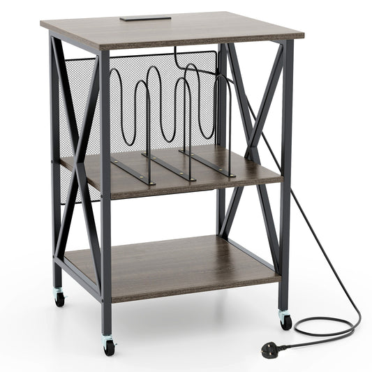Turntable Record Player Stand with a metal frame and three shelves on castor wheels