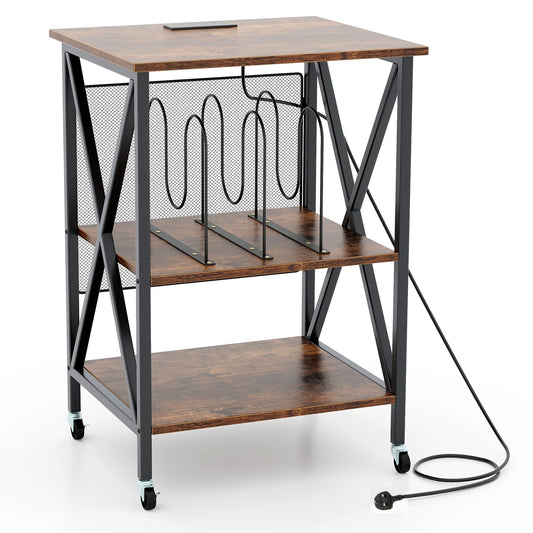 Turntable Record Player Stand with a black metal frame and three shelves on castor wheels
