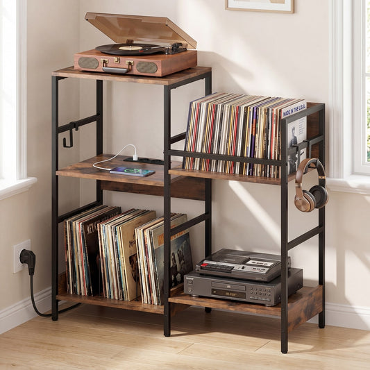 The turntable stand filled with vinyl records and a turntable on top, showing its storage capacity
