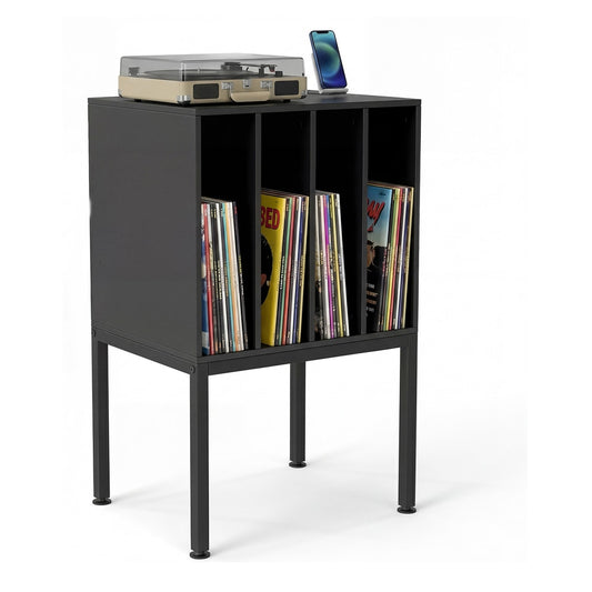 Turntable Stand with vinyl storage shelves and raised metal legs in black