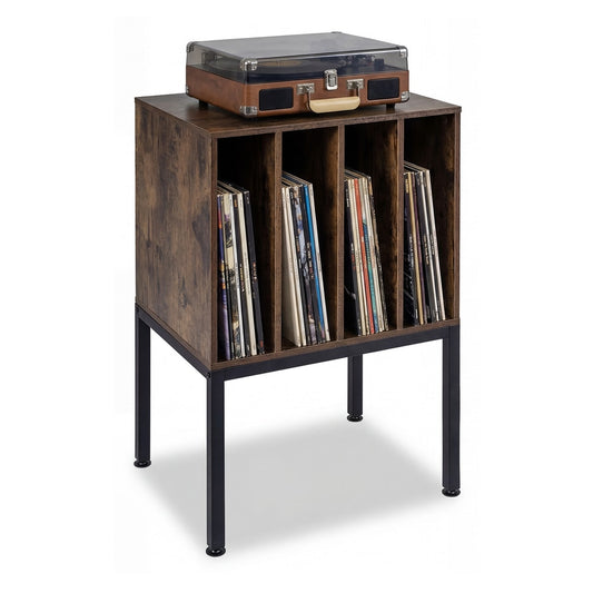 Turntable Stand with vinyl storage shelves and raised metal legs in rustic brown