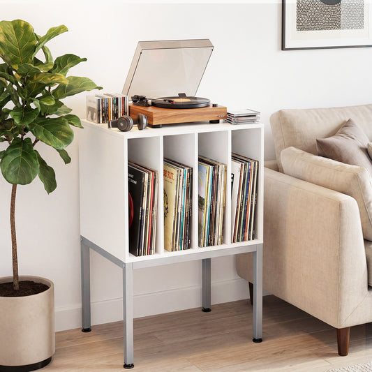 White turntable stand with vinyl storage and metal legs in a living room setting