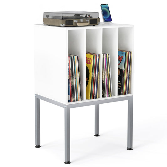 Turntable Stand with vinyl storage shelves and raised metal legs in white