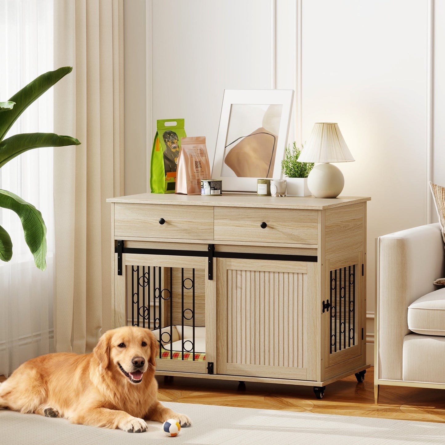 PawHut Dog Crate Furniture on Wheels, Dog Cage with 2 Drawers, Sliding Door, for Medium Large Dogs, Oak Tone