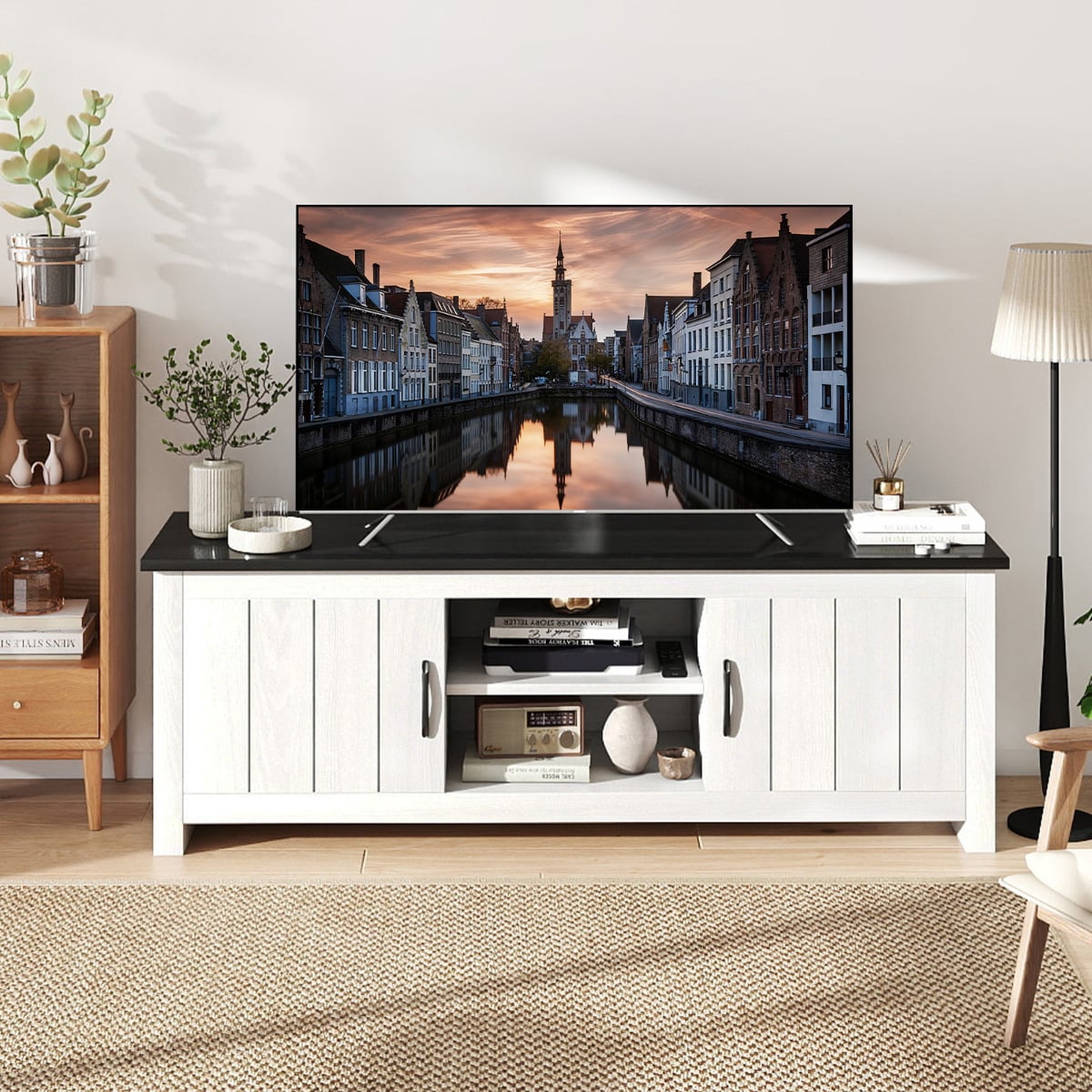 TV Stand with 2 Doors and Storage Shelves for TVs up to 65 Inches-Black & White