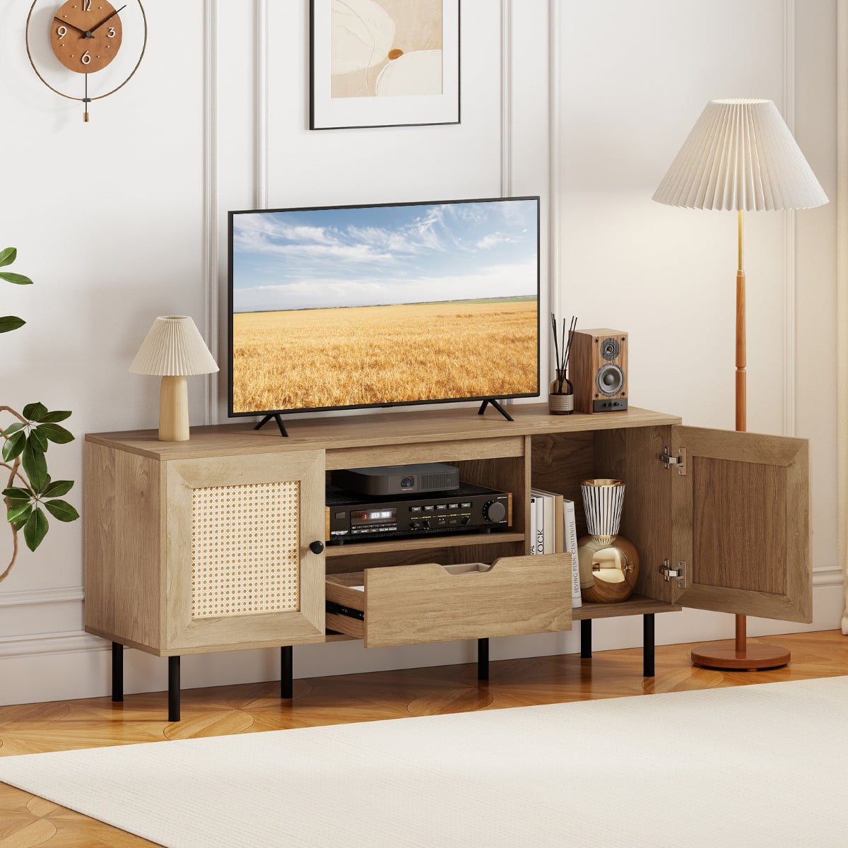 TV Stand for 60 Inch TV with Cabinets and Storage Shelf-Natural