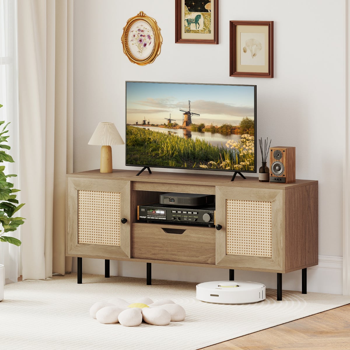 TV Stand for 60 Inch TV with Cabinets and Storage Shelf-Natural