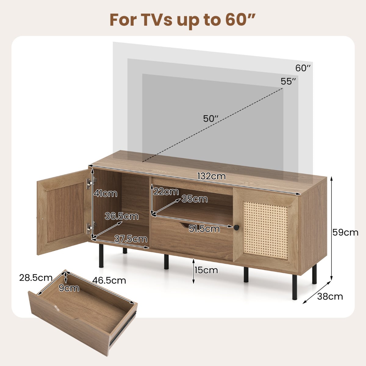 TV Stand for 60 Inch TV with Cabinets and Storage Shelf-Natural
