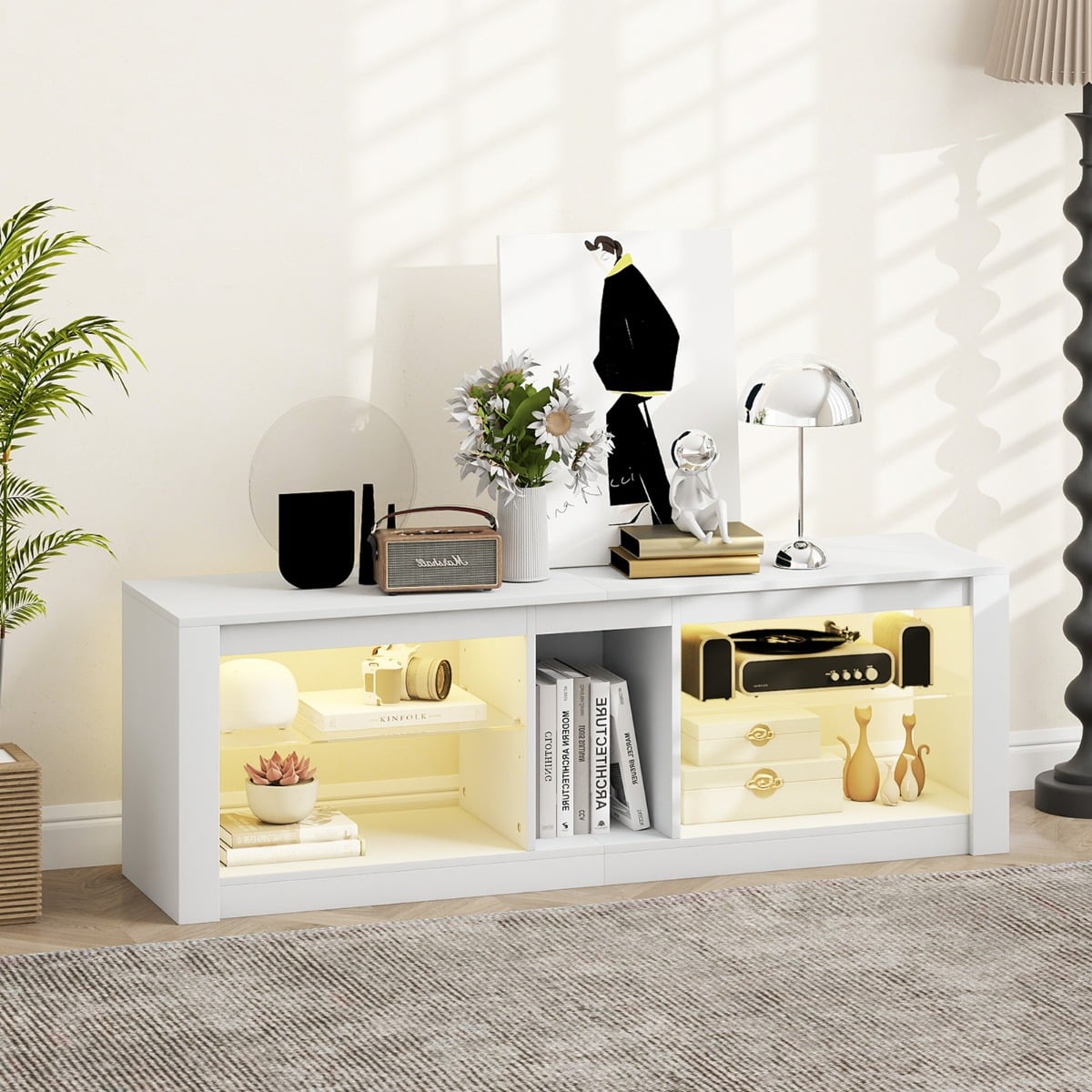 TV Stand with LED Light for TVs up to 65 inch with Adjustable Tempered Glass Shelves-White