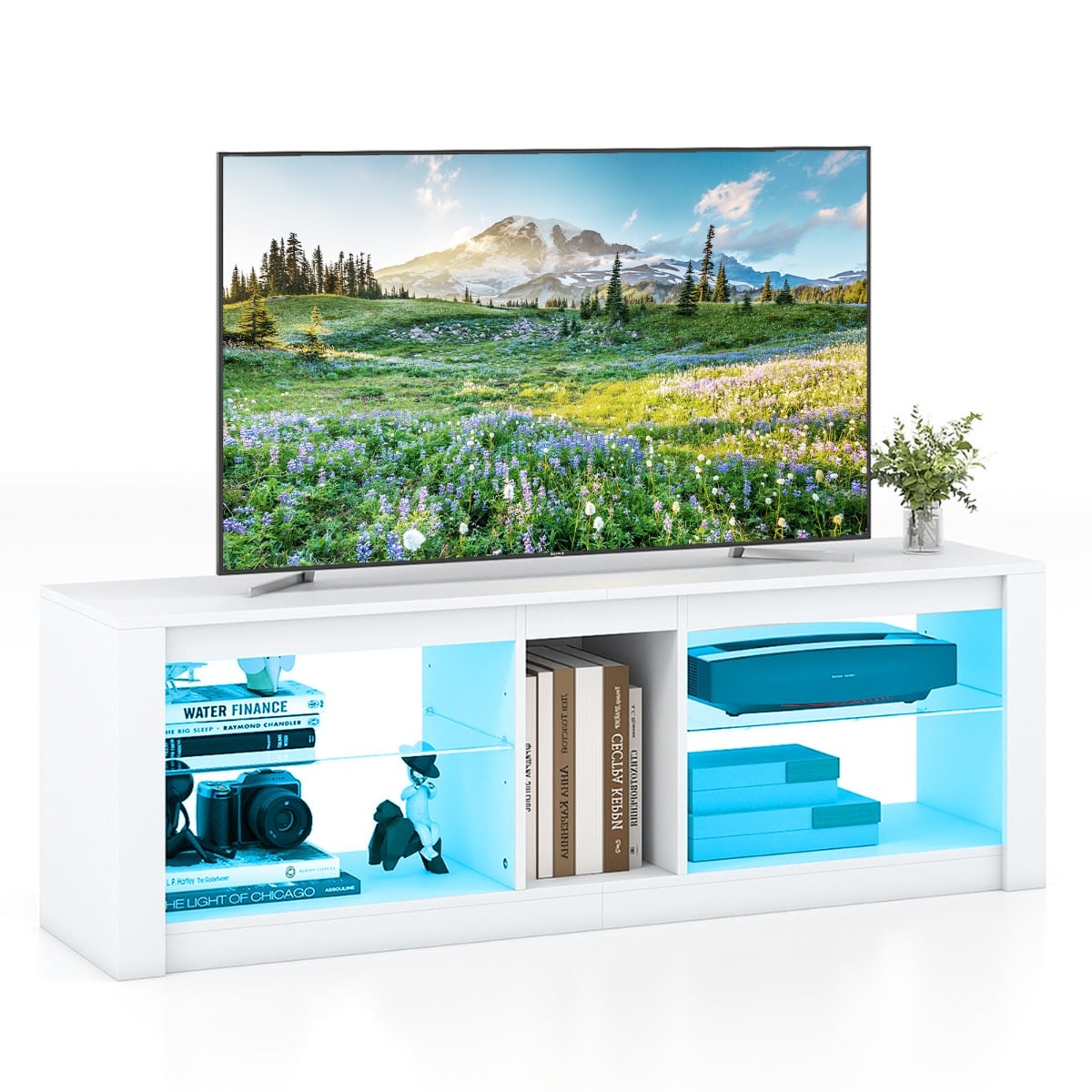 TV Stand with LED Light for TVs up to 65 inch with Adjustable Tempered Glass Shelves-White