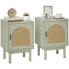 HOMCOM Set of 2 Rattan Bedside Tables, Boho Nightstands with Solid Wood Legs and Storage Cabinet for Living Room, Bedroom, Accent End Side Table, Light Green