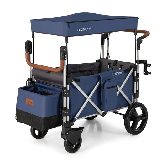 Twin Baby Double Stroller Wagon in blue with a canopy and storage compartments
