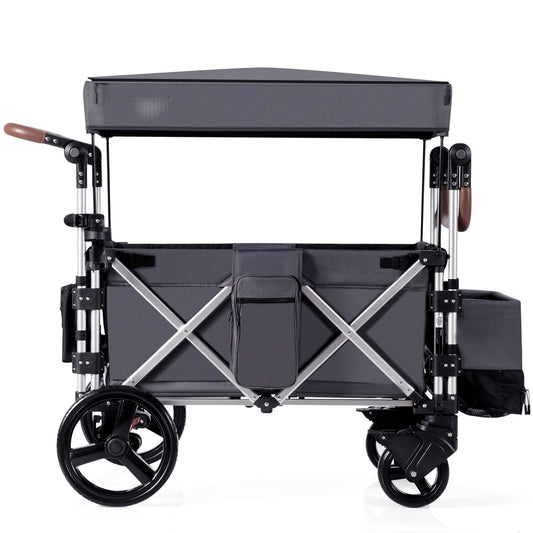 Twin Baby Double Stroller Wagon in grey with a canopy and wheels