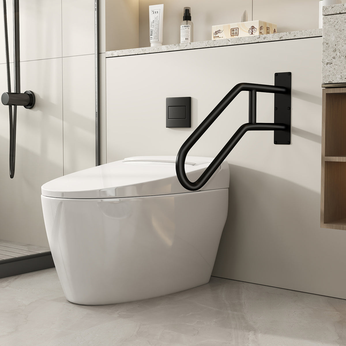 The safety handrail installed on a bathroom wall beside a white toilet
