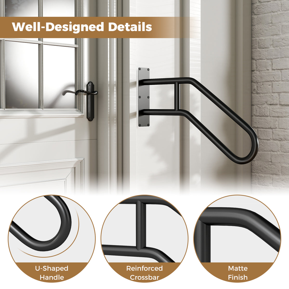 The safety handrail close-up views highlighting the handle and matte finish