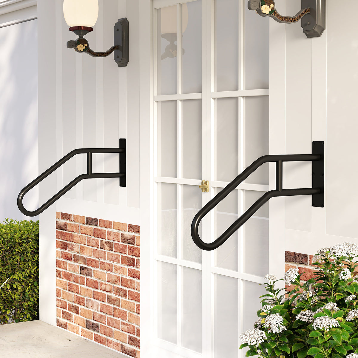 Two safety handrails mounted on either side of a white front door