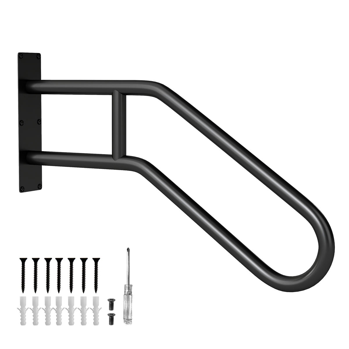 U-Shape Safety Handrail with Matte Finish shown with all included screws and wall plugs