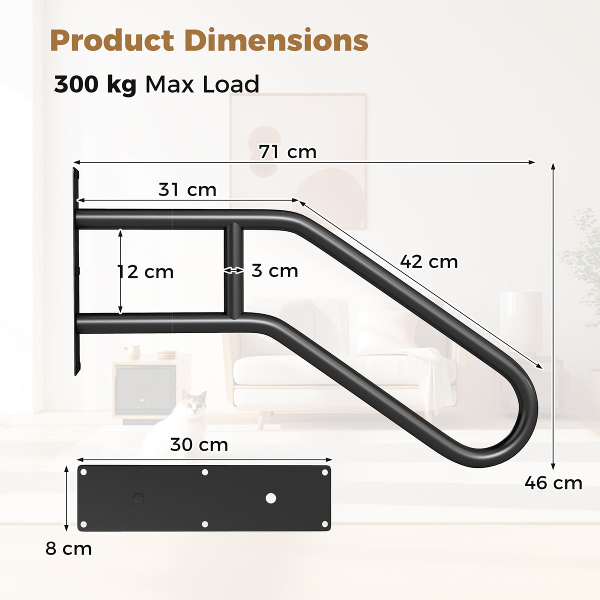 The safety handrail shown with technical lines indicating its various dimensions