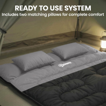 Outsunny Double Sleeping Bag with 2 Pillows, 220 x 160 cm Extra-Large Sleeping Bag for Adults, Black and Grey
