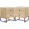 HOMCOM Bedside Table Nightstand Two-Drawer Bedroom Storage Unit Zig Zag Design with Black Metal Handles, Set of 2, Natural