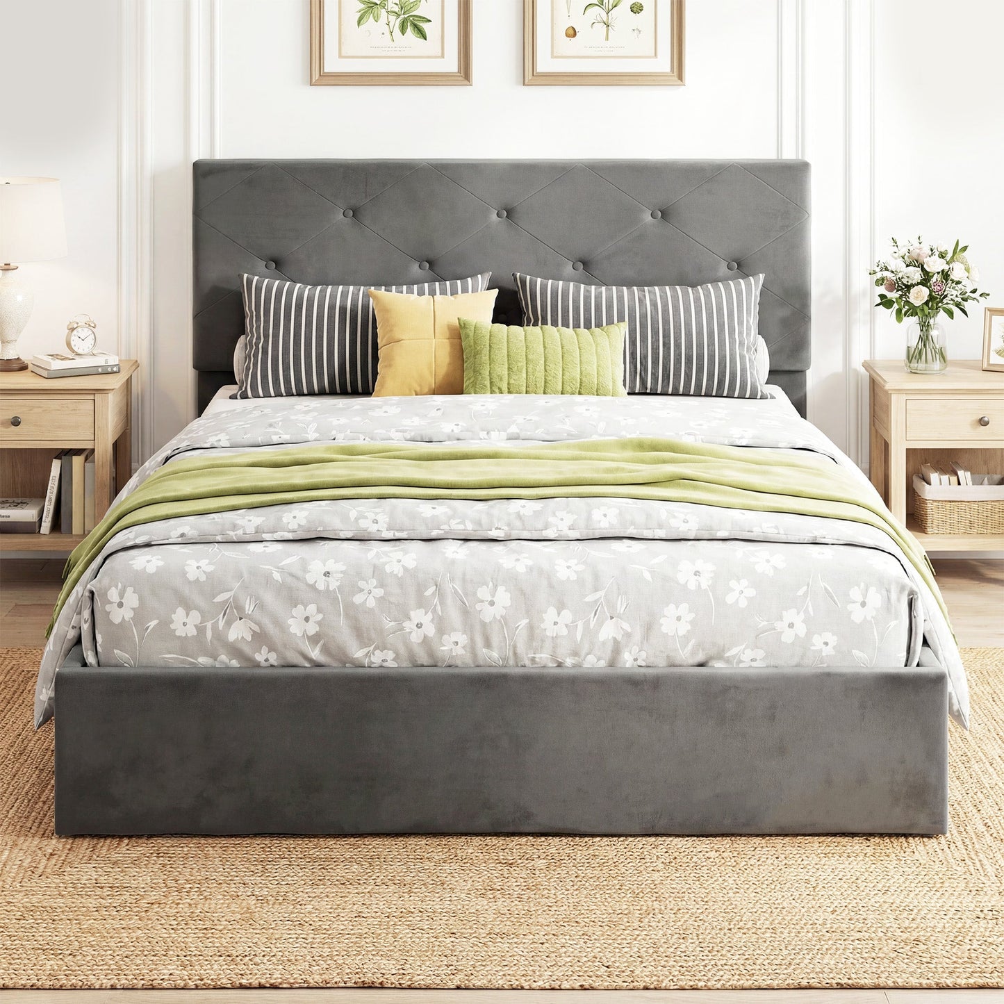 HOMCOM King Size Bed Frame Gas End Lift Under Bed Storage Upholstered Platform Bed Tufted Headboard for 150 x 200 cm Mattress