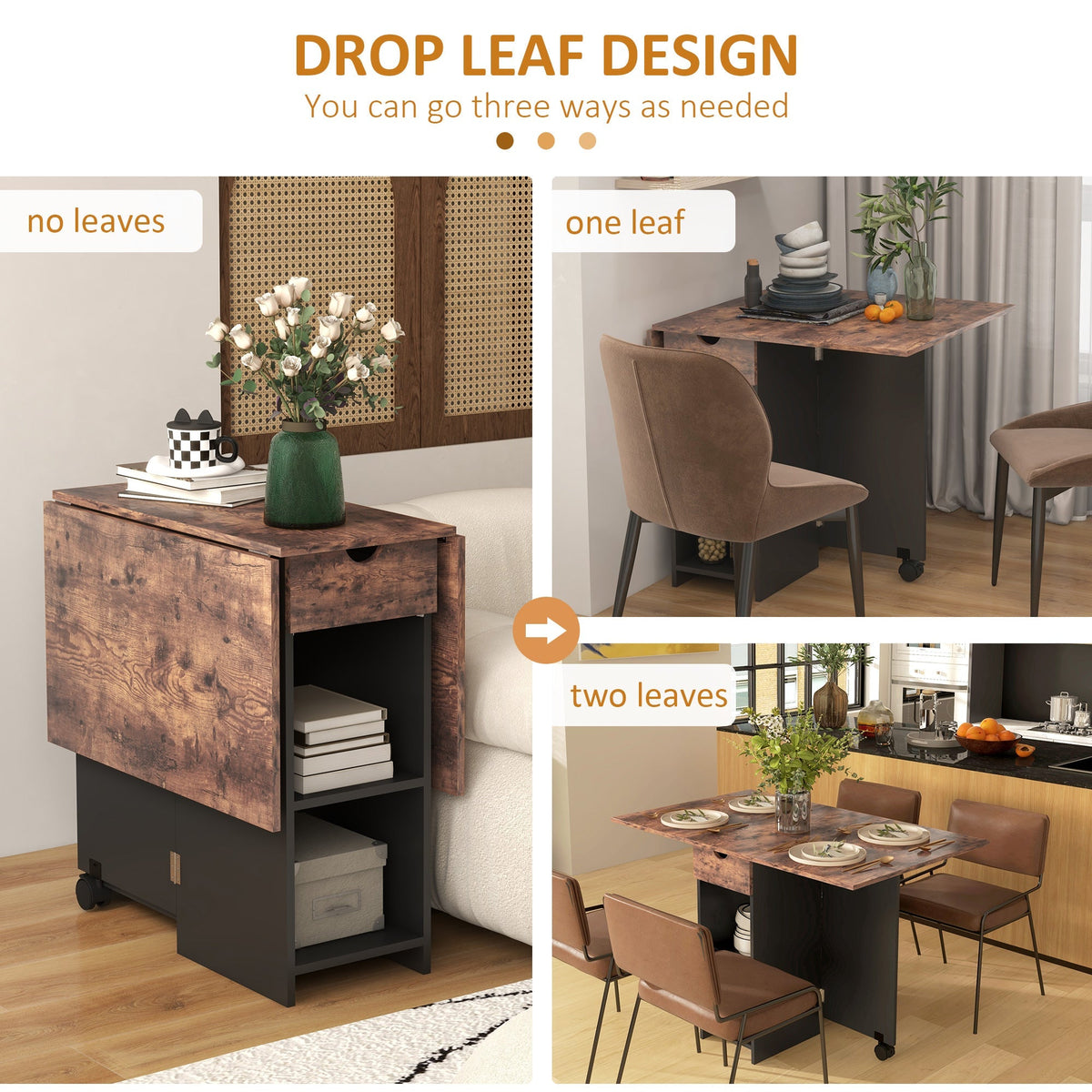 HOMCOM Folding Dining Table, Drop Leaf Table for Small Spaces, Foldable Table with Drawer and Storage Shelves for Kitchen, Dining Room, Rustic Brown