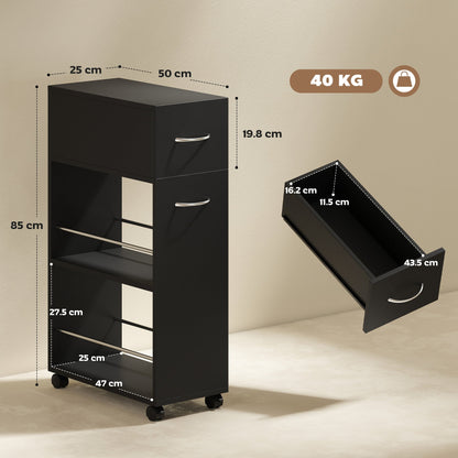 HOMCOM Rolling Storage Unit, 3-Tier Kitchen Cart Trolley with Drawer, Surface Top and 4 Universal Wheels, Black