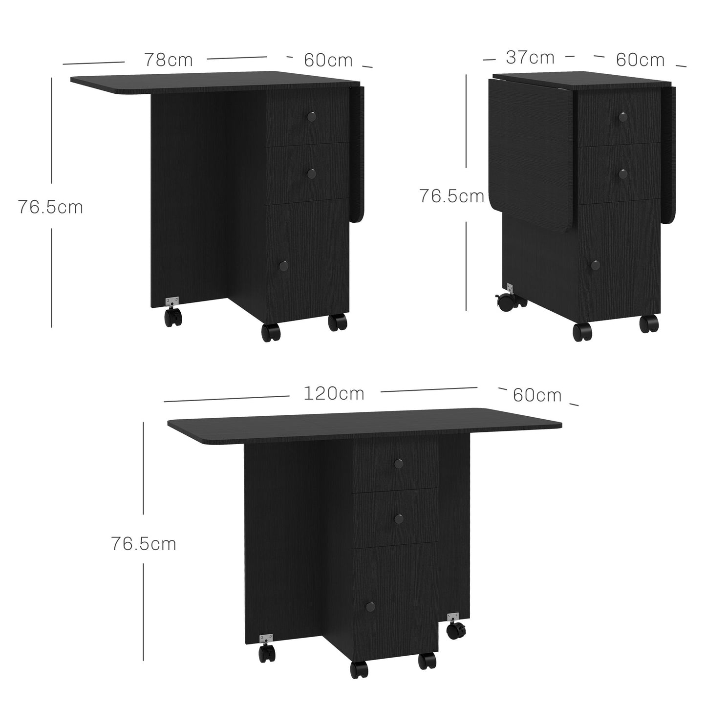 HOMCOM Multi-Storage Six-Person Drop Leaf Dining Table - Distressed Black