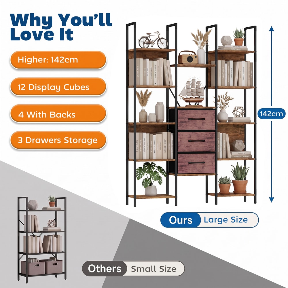 HOMCOM Bookshelf with Drawers Bookcase Open Shelves Storage Unit Study Bedroom Living Room Rustic Brown