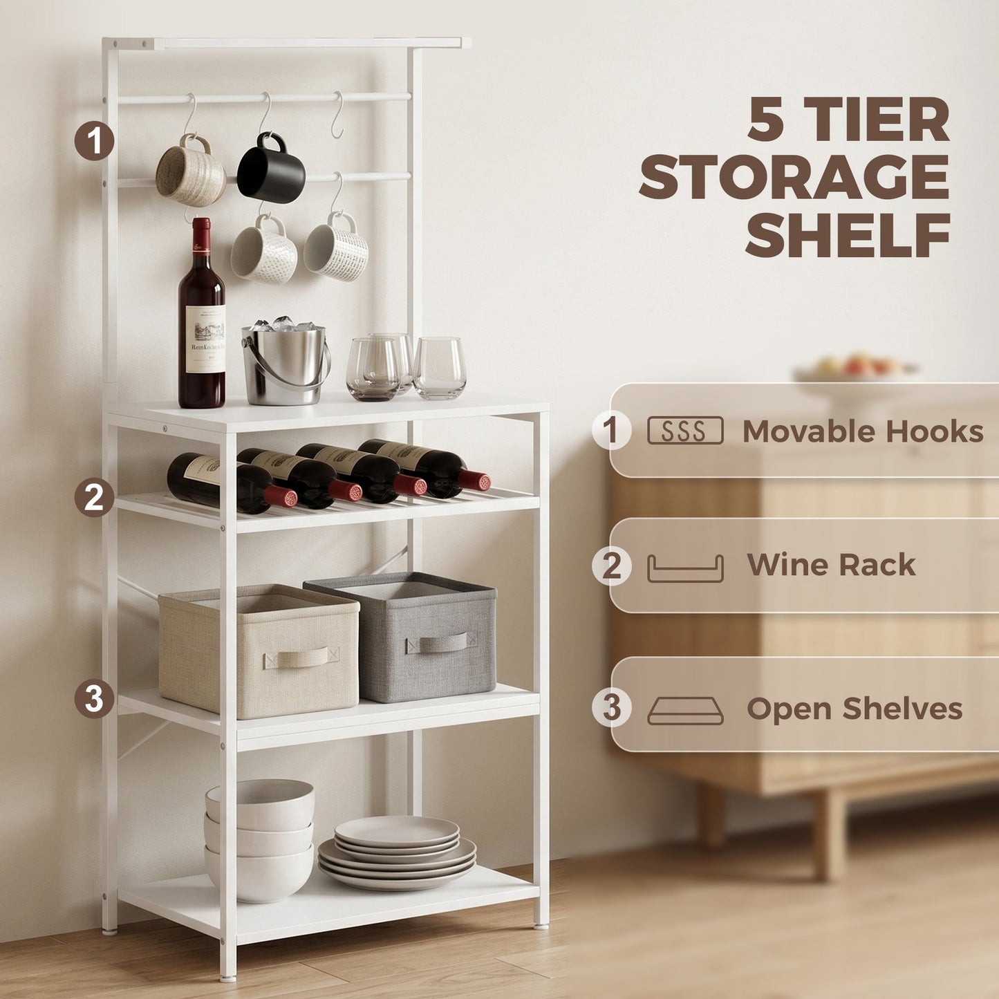 HOMCOM Freestanding Shelving Unit, Industrial Storage Shelf with 6 Hooks and Wine Rack for Living Room, Home Office, White