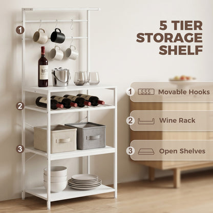 HOMCOM Freestanding Shelving Unit, Industrial Storage Shelf with 6 Hooks and Wine Rack for Living Room, Home Office, White