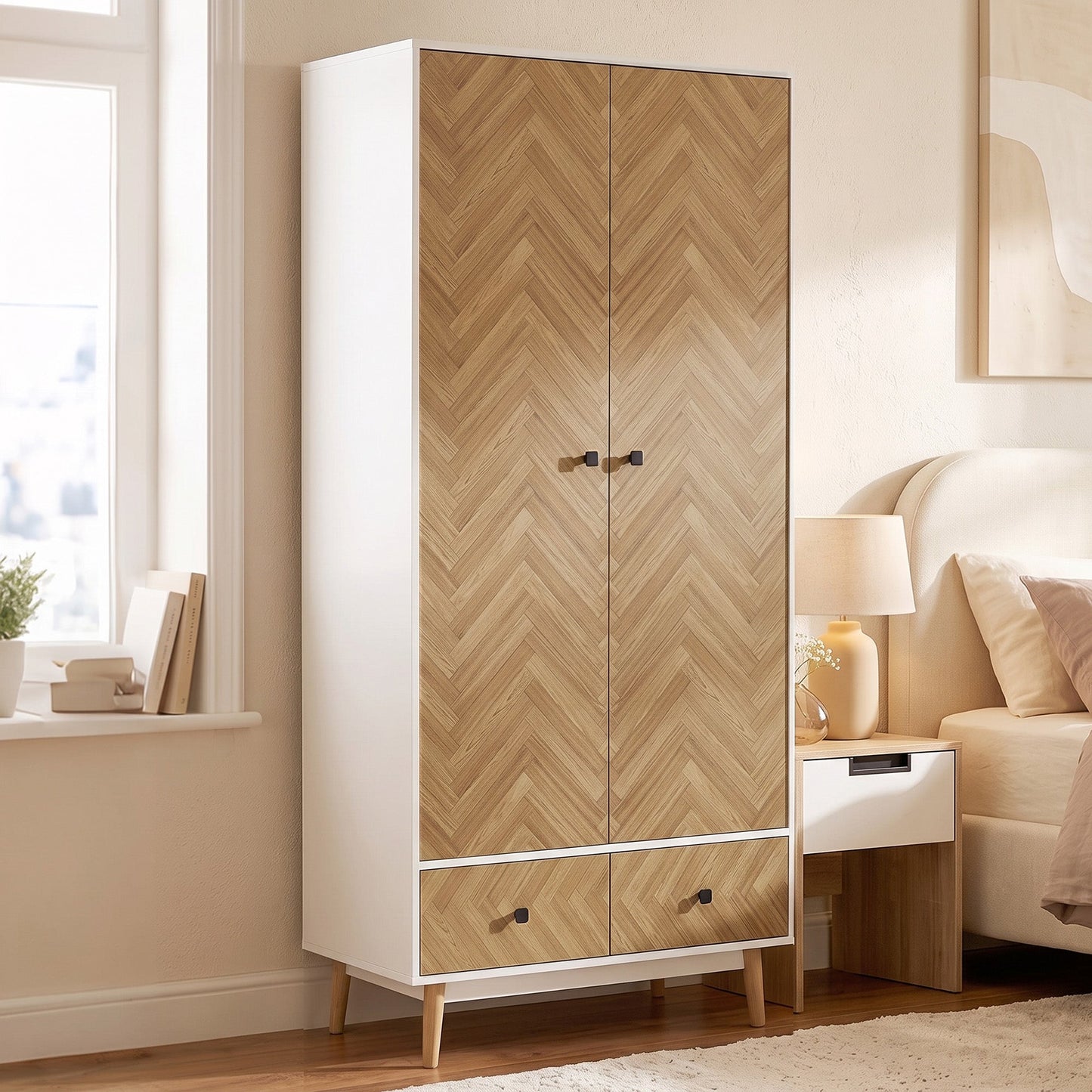 HOMCOM Cabinet Wood-Effect Sticker Surface, Modern Wardrobe with 2 Hanging Rods, 2 Storage Shelves and 2 Drawers, White