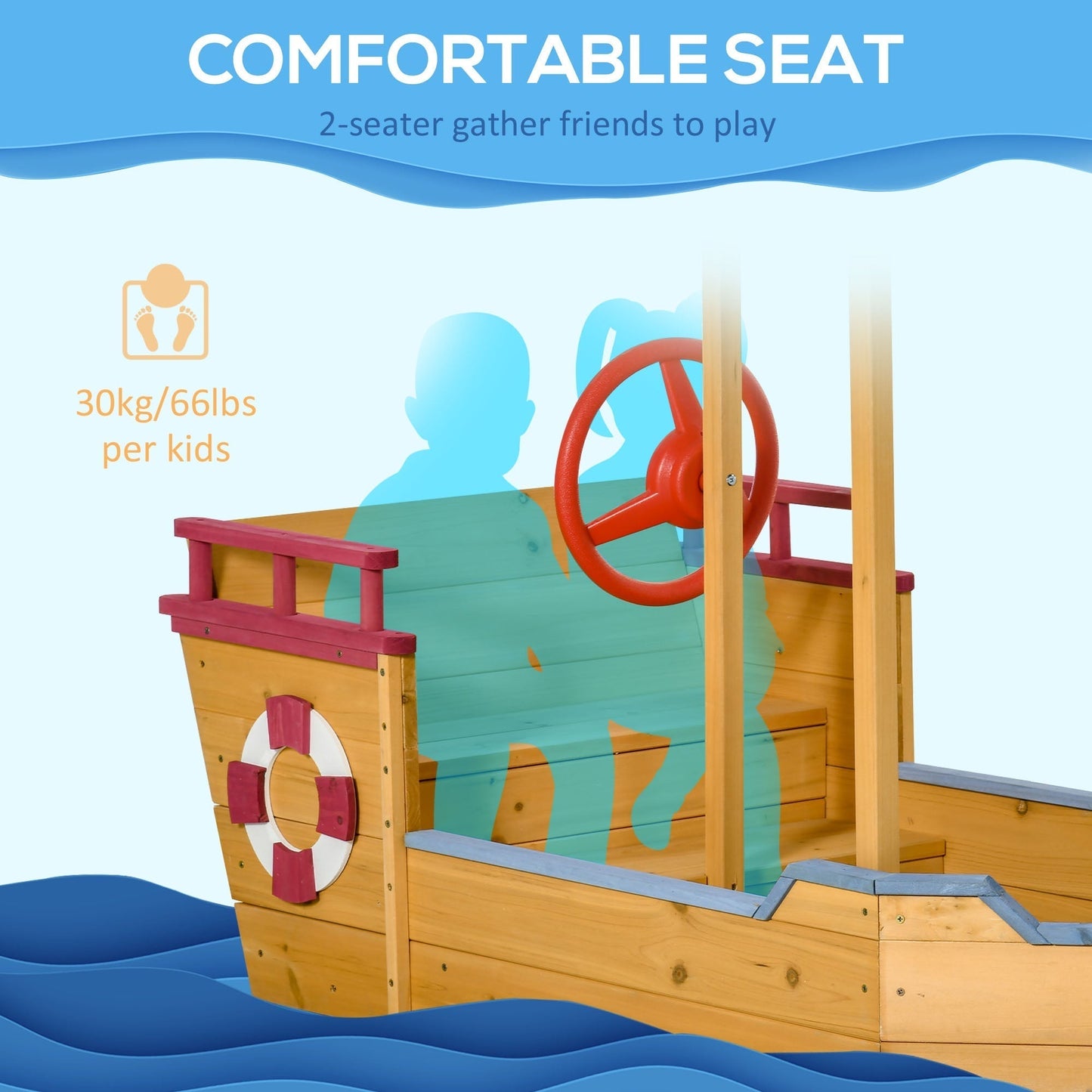 Outsunny Kids Wooden Sandpit, Children Sandbox Pirate Ship, Sandboat Play Station for Outdoor w/ Canopy Shade Storage Bench Bottom Liner