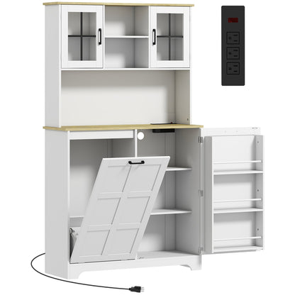 HOMCOM 175cm Tall Kitchen Cabinet, Kitchen Cupboard with Rubbish Bin Cabinet, 3 Door Shelves and 2 Acrylic Doors, White