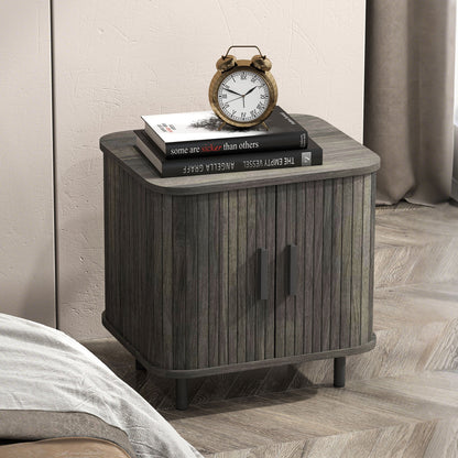 HOMCOM Nightstand with Sliding Doors and Metal Legs Grey