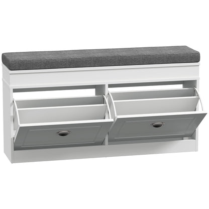 HOMCOM Shoe Storage Bench with Flip Drawers, Shoe Cabinet with Seat Cushion and Adjustable Shelf for Hallway, Entryway, Living Room, Bedroom, White