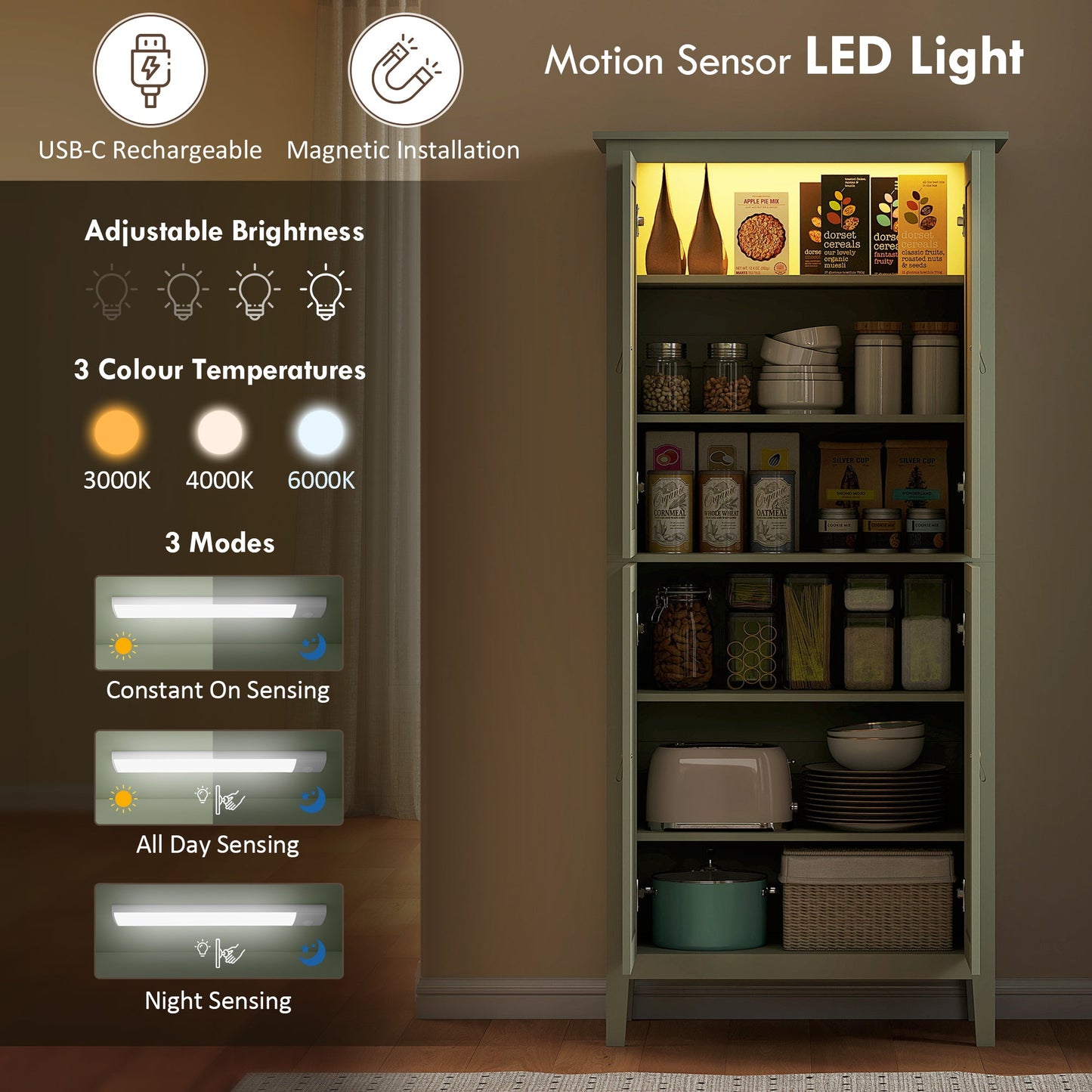 خزانة المؤن الطويلة من هومكوم مع إضاءة LED بمستشعر حركة - أخضر