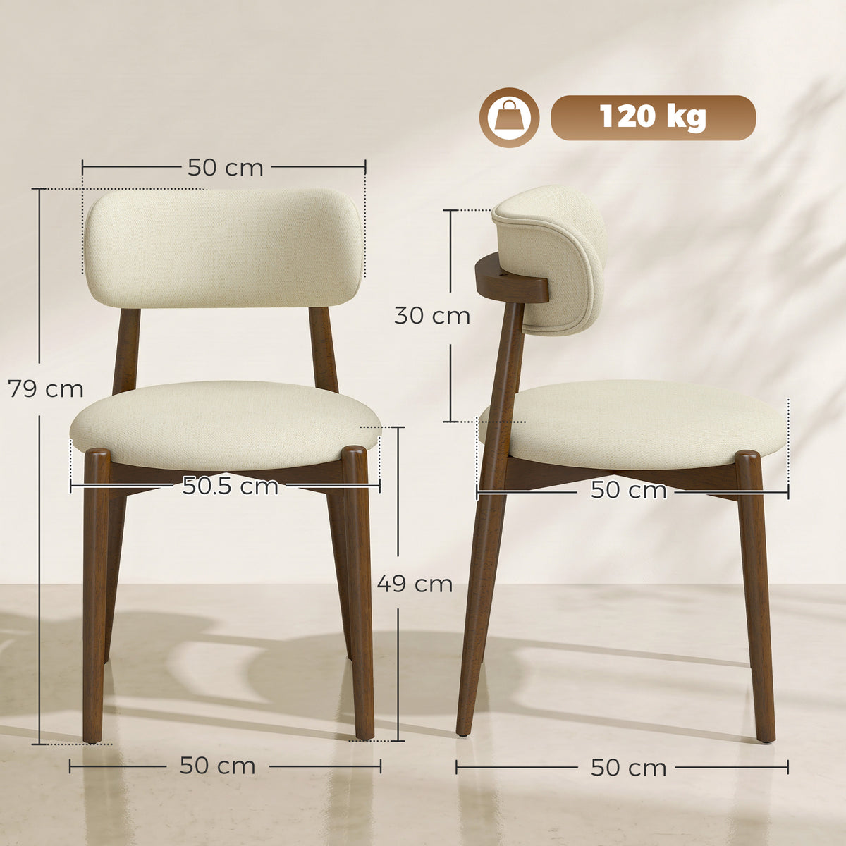 HOMCOM Dining Chairs Chenille Upholstered Kitchen Chairs Curved Backrest Rubberwood Legs Beige
