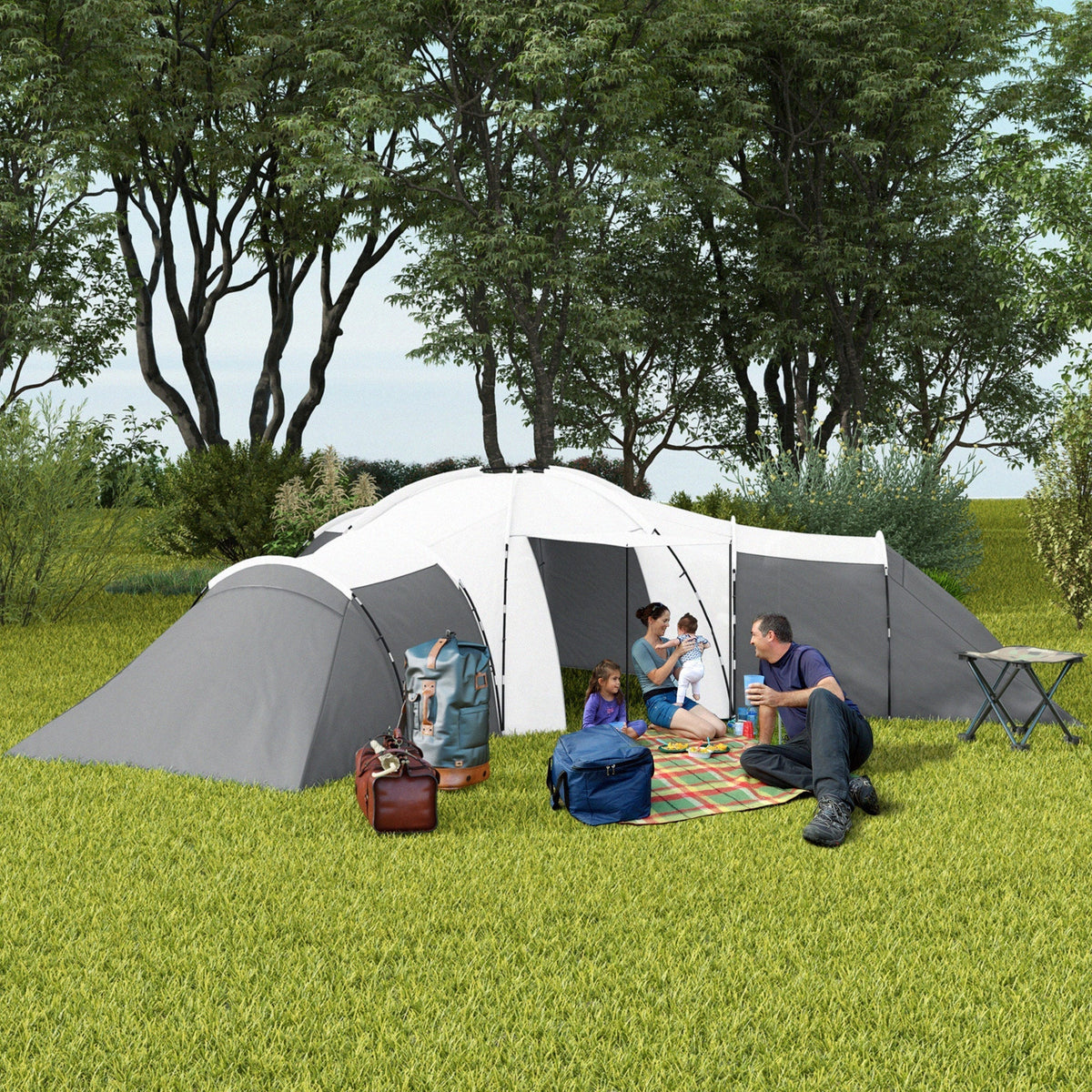 Outsunny 6-9 Man Tent with Bedrooms and Living Room, Accessories Included, Dark Grey