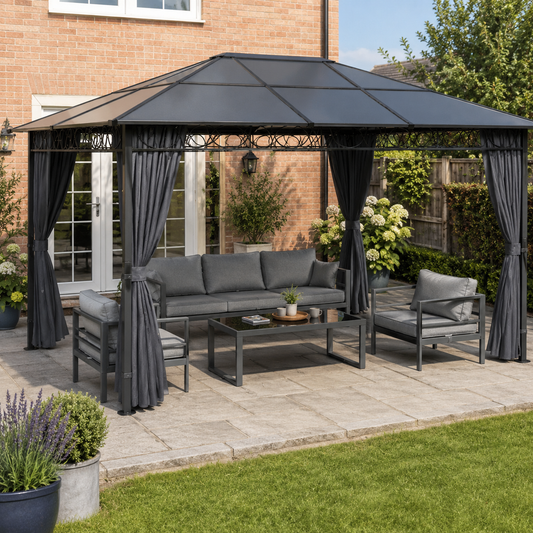 Outsunny 3 x 4 m Outdoor Hardtop Gazebo Canopy with PC Roof, Aluminium Permanent Pavilion Garden Gazebo with Curtains, Dark Grey