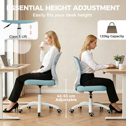 HOMCOM Office Chair, Armless Computer Desk Chair with Breathable Mesh, Adjustable Height, Swivel Wheels, Light Blue