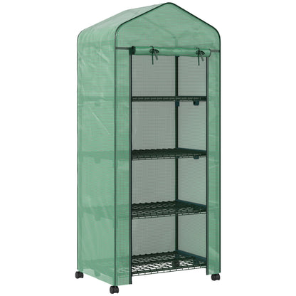 Outsunny 4 Tier Mini Portable Greenhouse Compact Plant Grow Shed Metal Frame PE Cover with Lockable Rolling Wheels , Green