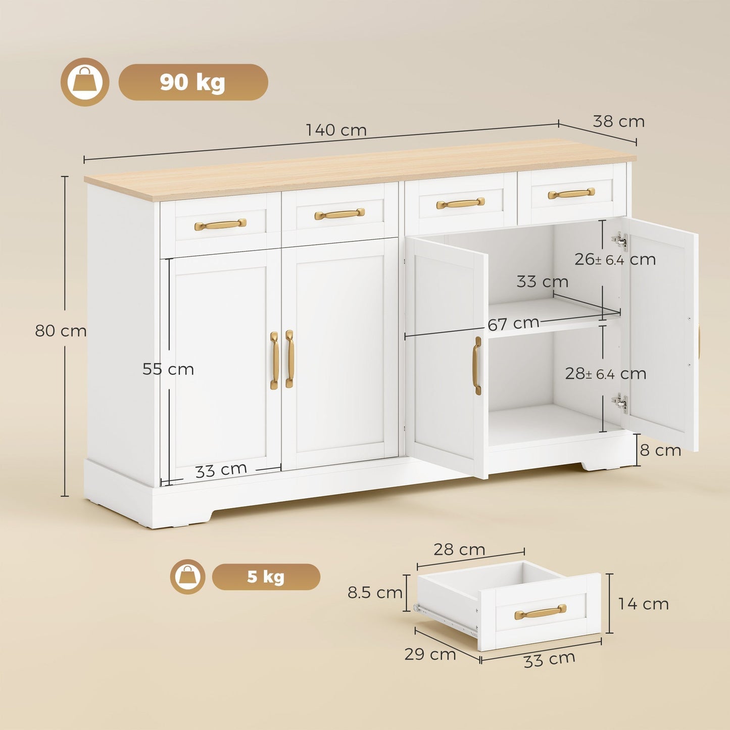 HOMCOM Sideboard Buffet Cabinet, 140 cm Kitchen Storage Cabinet with 4 Drawers, 4 Doors and 2 Adjustable Shelves, White
