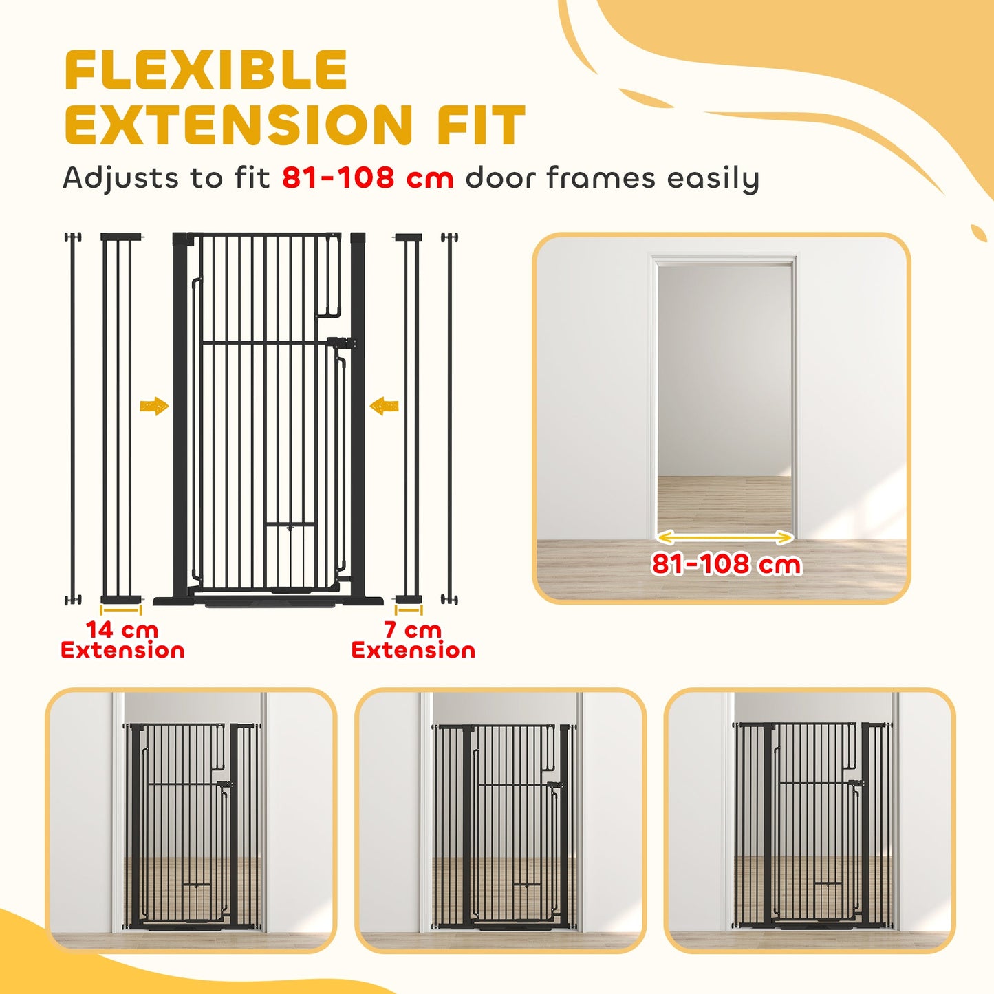 PawHut 135cm Extra Tall Dog Gate with Cat Door, Fits Openings 81-108 cm Pressure Mounted for Doorways, Hallways, No Drilling