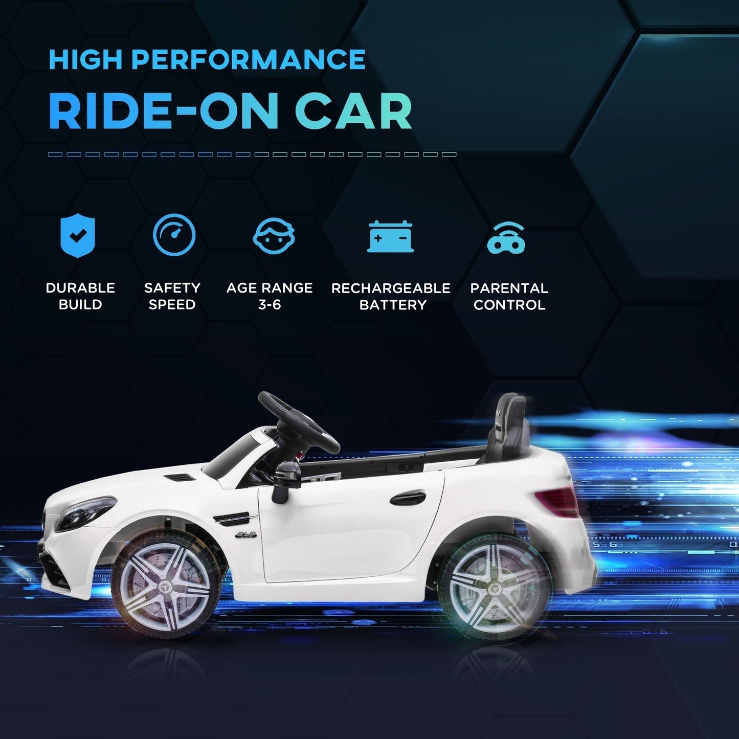 HOMCOM Benz SLC 300 Licensed 12V Kids Electric Ride On, with Music, Remote Control, LED Headlights, Horn, White