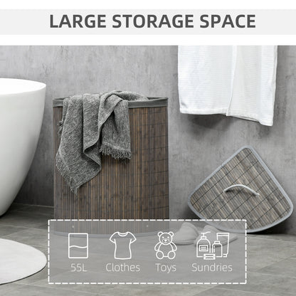 HOMCOM Bamboo Laundry Basket with Lid, 55 Litres Laundry Hamper with Removable Washable Lining, Corner Washing Baskets, 38 x 38 x 57cm, Grey